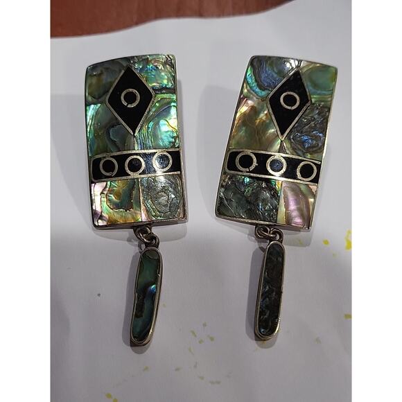 Vintage Silver Alpaca Mexico Dangle Earrings Abalone Inlay Rectangle - Picture 7 of 11